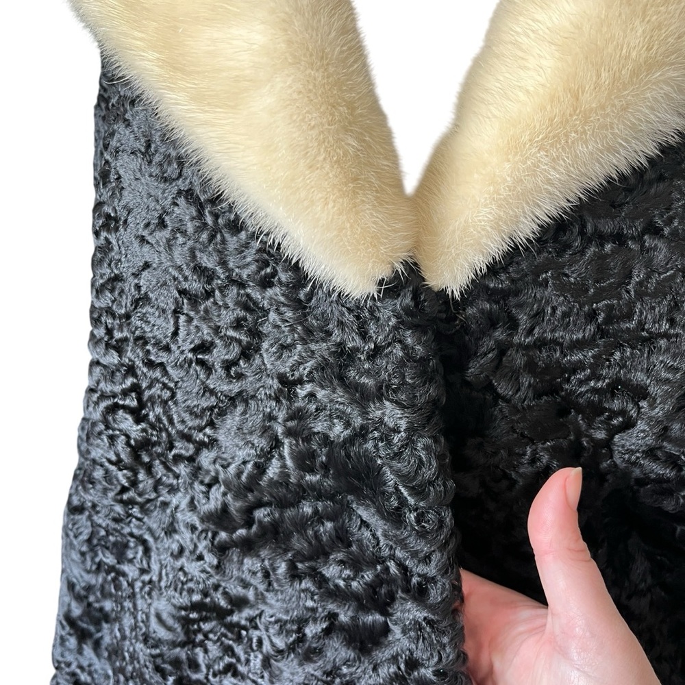 Vintage 50s 60s Crown Monarch Black Curly Lamb Fur Coat Mink Collar Soft View 6